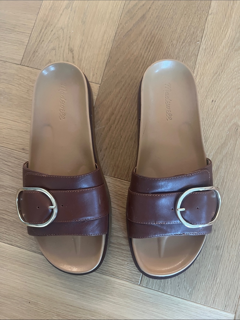 Madewell Brown Slide Mules with Gold Buckles